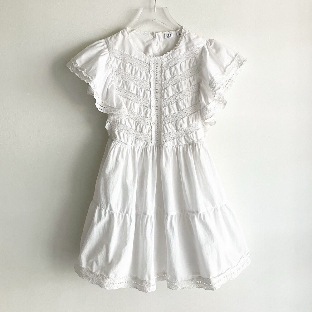 Gap Kids White Eyelet Lace Dress Girls Size Large Chevron Flutter Sleeve Tiered